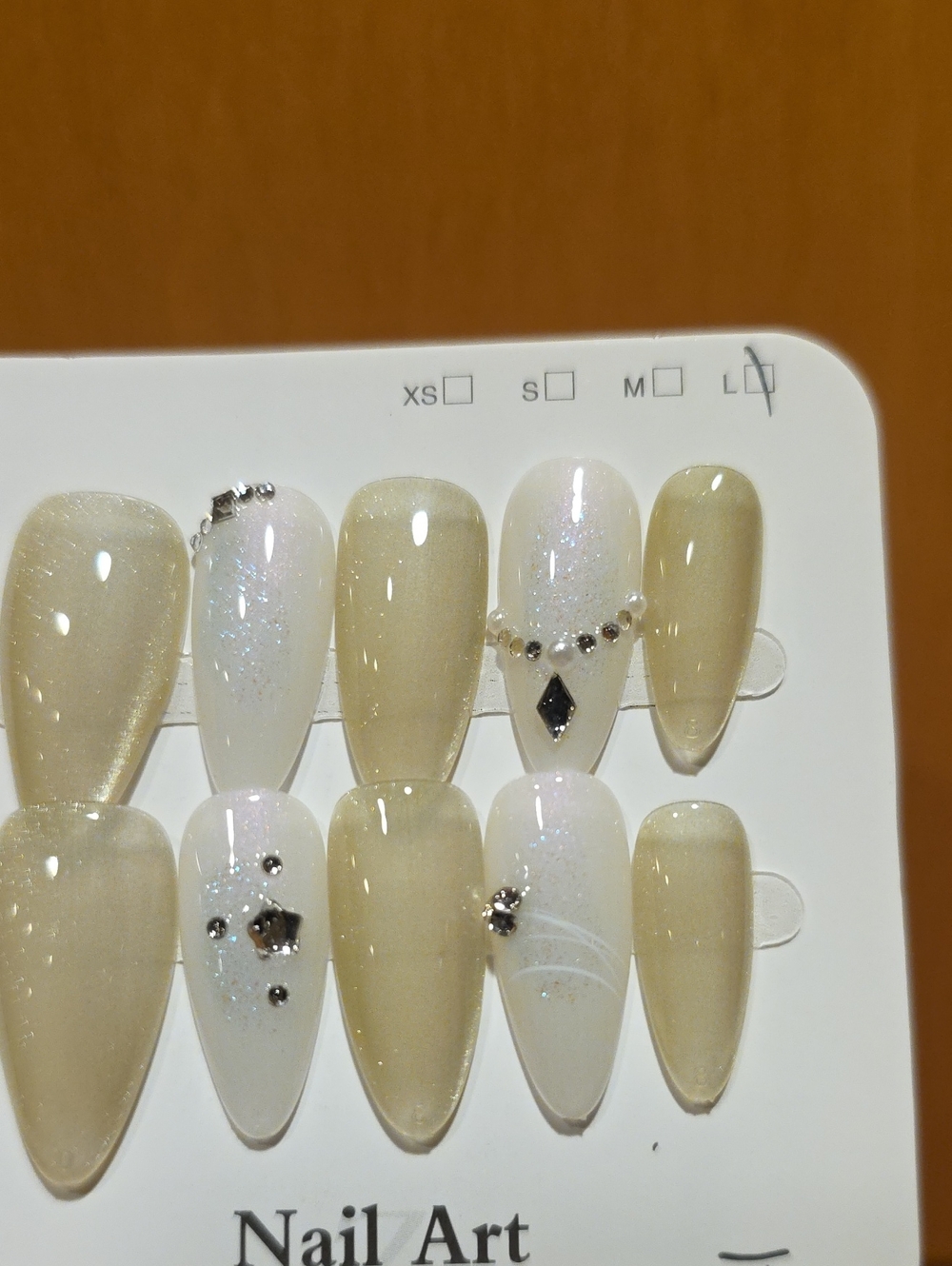 Elegant Beige/cream  & White Rhinestone Press-On Nail Set Size Large